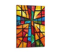 ZZBXSJ Poster Frame Canvas Wall Art Prints for Living Room Decor - Religious Posters Stained Glass Style Cross with Multicolor Panels Poster 24x36inch(60x90cm) Picture Frame Artwork