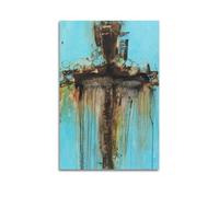 ZZBXSJ Poster Unframe Canvas Wall Art Prints for Living Room Decor - Religious Posters Abstract Cross with Brown Drips on Blue Background Poster 24x36inch(60x90cm) Picture Unframe Artwork