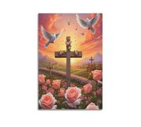 ZZBXSJ Poster Unframe Canvas Wall Art Prints for Living Room Decor - Religious Posters Cross Adorned with Roses at Sunset with Doves Poster 12x18inch(30x45cm) Picture Unframe Artwork