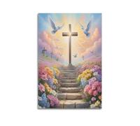 ZZBXSJ Poster Unframe Canvas Wall Art Prints for Living Room Decor - Religious Posters Cross with Doves in Flower Lined Pathway Poster 20x30inch(50x75cm) Picture Unframe Artwork