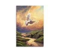 ZZBXSJ Poster Unframe Canvas Wall Art Prints for Living Room Decor - Religious Posters Peaceful Dove with Olive Branch over Scenic River Poster 20x30inch(50x75cm) Picture Unframe Artwork
