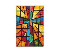 ZZBXSJ Poster Unframe Canvas Wall Art Prints for Living Room Decor - Religious Posters Stained Glass Style Cross with Multicolor Panels Poster 16x24inch(40x60cm) Picture Unframe Artwork