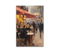 ZZBYMX Decorative Painting Poster Vibrant Street Side Café Scene with Patrons Enjoying Drinks Under A Striking Red Awning Canvas Wall Art Modern Murals for Living Room 20x30inch(50x75cm)