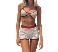 ZZEVOLSS Women 2 Piece Y2k Shorts Sets Sleeveless Lace Cami Top and Shorts Floral Print Knit Pajama Set Lingerie Sleepwear, Color Contrast White Red, S