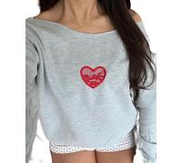 ZZEVOLSS Women Off The Shoulder Sweatshirt Y2k Bow Shirt Boat Neck Long Sleeve Pullover Tops Coquette Aesthetic Clothes, Red Heart Grey, S