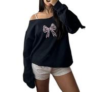 ZZEVOLSS Women Off The Shoulder Sweatshirt Y2k Bow Shirt Boat Neck Long Sleeve Pullover Tops Coquette Aesthetic Clothes, Pink Bow Black, S