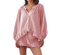 ZZEVOLSS Womens Ruffle Pajama Sets Plaid Long Sleeve Babydoll Shirt Ruffle Trim Shorts Lounge Set Cute Gingham Set Sleepwear, Pink, M