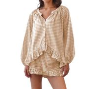 ZZEVOLSS Womens Ruffle Pajama Sets Plaid Long Sleeve Babydoll Shirt Ruffle Trim Shorts Lounge Set Cute Gingham Set Sleepwear, Khaki, S