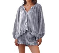 ZZEVOLSS Womens Ruffle Pajama Sets Plaid Long Sleeve Babydoll Shirt Ruffle Trim Shorts Lounge Set Cute Gingham Set Sleepwear, Black, L
