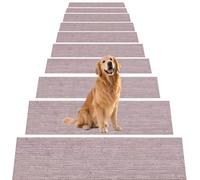 ZZGZZG Stair Treads Non Slip, 5 Pcs 46 x 115 cm Polyester Reusable Adhesive Non Slip Stair Protection Mats Washable Peel and Stick for Wooden Steps Indoor, Beige brown