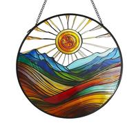 ZZHAOYI Sun Mountains Stained Glass Window Hanging, 7.9'' Sun Catchers Indoor Window Boho Wall Art Decor with Chain, Hand Painted Sun Catcher Gifts for Couples, Women