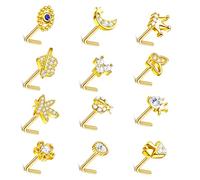 ZZHDCC 12Pcs Nose Ring Studs for Women Stainless Steel L Shaped Nose Stud Flower CZ Evil Eye Butterfly Screw Nose Piercing Studs Jewelry for Women Men 20G Silver 14K Gold Nose Stud Black Piercings