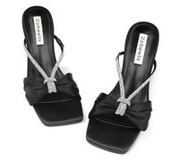 Zzheels Rhinestone Bow Heels Square Toe Slip On Mules Clear Chunky Heels Daily Dress Sandals, Black, 3 UK