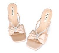 Zzheels Rhinestone Bow Heels Square Toe Slip On Mules Clear Chunky Heels Daily Dress Sandals, Nude, 3 UK