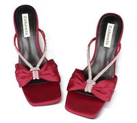 Zzheels Rhinestone Bow Heels Square Toe Slip On Mules Clear Chunky Heels Daily Dress Sandals, Red, 3 UK