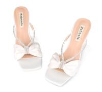 Zzheels Rhinestone Bow Heels Square Toe Slip On Mules Clear Chunky Heels Daily Dress Sandals, White, 3 UK
