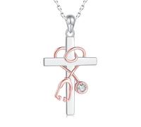ZZHYGM 925 Sterling Silver Medicine Stethoscope Women Girls, A Faith Heart and Cross Necklace, Catholic Religious Jewellery for