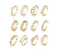 ZZHYTANG 12Pcs Adjustable Toe Rings Set, Open Heart/Flower/Leaf/Arrow Design Foot Rings, 14K Gold/Silver Plated Summer Beach Jewelry for Women(Gold)