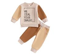 ZZLBUF 2Pcs Baby Boy Girl Outfits Mr Steal Your Snacks Pullover Tops Jogger Pants Set Toddler Fall Winter Clothes Set (01- Khaki, 24-36 Months)