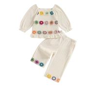 ZZLBUF Baby Girl Clothes Toddler Kids Fashion Fall 2Pcs Outfits Flower Crochet Square Neck Long Sleeve Shirt Top Pants Set (Apricot, 6-12 Months)