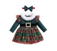 ZZLBUF Baby Girl My First Christmas Outfits Santa Baby Christmas Plush Trim Tulle Tutu Dress Headband Christmas Costume (Snowflake Plaid Green, 3-6 Months)