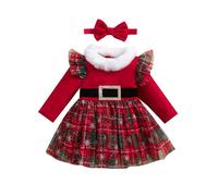 ZZLBUF Baby Girl My First Christmas Outfits Santa Baby Christmas Plush Trim Tulle Tutu Dress Headband Christmas Costume (Snowflake Plaid Red, 18-24 Months)