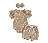 ZZLBUF Baby Girl Summer Clothes Floral Ruffle Short Sleeve Romper Bodysuit Shorts Set Headband 3Pcs Outfits 0-18M (Khaki, 6-12 Months)