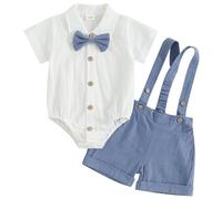 ZZLBUF Infant Baby Boy Summer Outfit Gentleman Short Sleeve Romper Dress Shirt Suspender Shorts 2Pcs Suit Clothes Set (A1# Blue, 3-6 Months)
