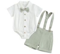 ZZLBUF Infant Baby Boy Summer Outfit Gentleman Short Sleeve Romper Dress Shirt Suspender Shorts 2Pcs Suit Clothes Set (A1# Green, 3-6 Months)