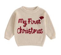 ZZLBUF Infant Baby Girl Boy Christmas Knit Sweater My First Christmas Embroidery Long Sleeve Pullover Jumper Tops Warm Clothes (Beige, 12-18 Months)