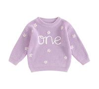 ZZLBUF Infant Baby Girl Chunky Knit Sweater Sweet One Pullover Jumper Tops First Birthday Outfits Fall Winter Clothes (Flower Letter Purple, 12-18 Months)