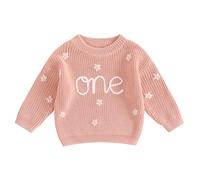 ZZLBUF Infant Baby Girl Chunky Knit Sweater Sweet One Pullover Jumper Tops First Birthday Outfits Fall Winter Clothes (Flower Letter Pink, 9-12 Months)