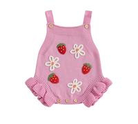 ZZLBUF Infant Baby Girl Clothes Flower Strawberry Crochet Ruffle Sweater Romper Sleeveless Knit Jumpsuit Overalls Outfits (Pink, 12-18 Months)