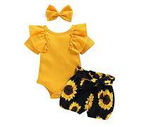 ZZLBUF Infant Baby Girl Clothes Set Short Sleeve Ruffle Top Romper Bodysuit+Floral Shorts Headband 3Pcs Summer Outfits (Yellow, 12-24 Months)