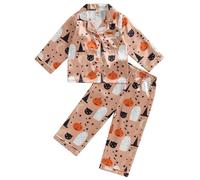 ZZLBUF Kids Toddler Baby Girl Boy Satin Pajamas Set Long Sleeve Button Tops Pants Flowers Print Sleepwear Halloween PJs (01- Orange Ghosts, 3-4 Years)