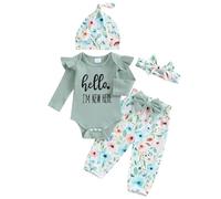 ZZLBUF Newborn Baby Girl Boy Clothes Set Im New Here Letter Print Romper Top Floral Pants Infant Coming Home Outfit (A2# Green, Newborn)