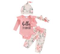 ZZLBUF Newborn Baby Girl Boy Clothes Set Im New Here Letter Print Romper Top Floral Pants Infant Coming Home Outfit (A1# Pink, 0-3 Months)