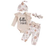ZZLBUF Newborn Baby Girl Boy Clothes Set Im New Here Letter Print Romper Top Floral Pants Infant Coming Home Outfit (A4# Khaki, Newborn)