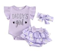ZZLBUF Newborn Baby Girls Clothes Summer Daddys Girl Outfit Ruffle Romper Floral Shorts Headband 3Pcs Father's Day Outfits (01- Purple, 0-3 Months)