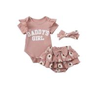 ZZLBUF Newborn Baby Girls Clothes Summer Daddys Girl Outfit Ruffle Romper Floral Shorts Headband 3Pcs Father's Day Outfits (02- Pink, 3-6 Months)