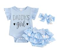 ZZLBUF Newborn Baby Girls Clothes Summer Daddys Girl Outfit Ruffle Romper Floral Shorts Headband 3Pcs Father's Day Outfits (01- Blue, 0-3 Months)