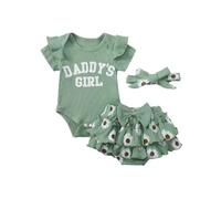 ZZLBUF Newborn Baby Girls Clothes Summer Daddys Girl Outfit Ruffle Romper Floral Shorts Headband 3Pcs Father's Day Outfits (02- Green, 0-3 Months)