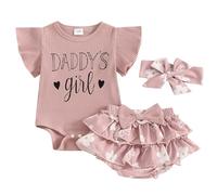 ZZLBUF Newborn Baby Girls Clothes Summer Daddys Girl Outfit Ruffle Romper Floral Shorts Headband 3Pcs Father's Day Outfits (01- Pink, 0-3 Months)