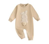 ZZLBUF Newborn Infant Baby Girl Boy Easter Outfits Bunny Embroidery Long Sleeve Romper Jumpsuits Bodysuit Clothes Set (Khaki, 6-12 Months)