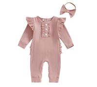 ZZLBUF Newborn Infant Baby Girl Clothes Ruffle Long Sleeve Romper Jumpsuit Bodysuit Headband 2Pcs Outfits Sets (01- Solid Button Pink, 3-6 Months)