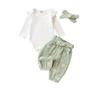 ZZLBUF Newborn Infant Baby Girl Clothes Set Ribbed Ruffled Long Sleeve Romper Bodysuit Floral Pants Headband Outfits (02- Green, 0-3 Months)