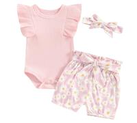 ZZLBUF Newborn Infant Baby Girl Summer Clothes Ribbed Ruffle Romper Daisy Shorts Headband Set Toddler 3Pcs Clothes (01# Pink, 12-18 Months)