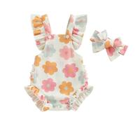 ZZLBUF Newborn Infant Baby Girl Summer Clothes Ruffle Floral Romper Bodysuit Overalls Headband 2Pcs Outfits (Flower Multicolor, 0-3 Months)
