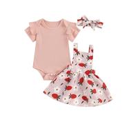 ZZLBUF Newborn Infant Baby Girl Summer Outfits Ruffle Short Sleeve Romper Floral Suspender Skirt Headband Clothes Set (Romper, Strawberry Pink, 18-24 Months)