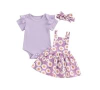 ZZLBUF Newborn Infant Baby Girl Summer Outfits Ruffle Short Sleeve Romper Floral Suspender Skirt Headband Clothes Set (Romper, Daisy Purple, 0-3 Months)